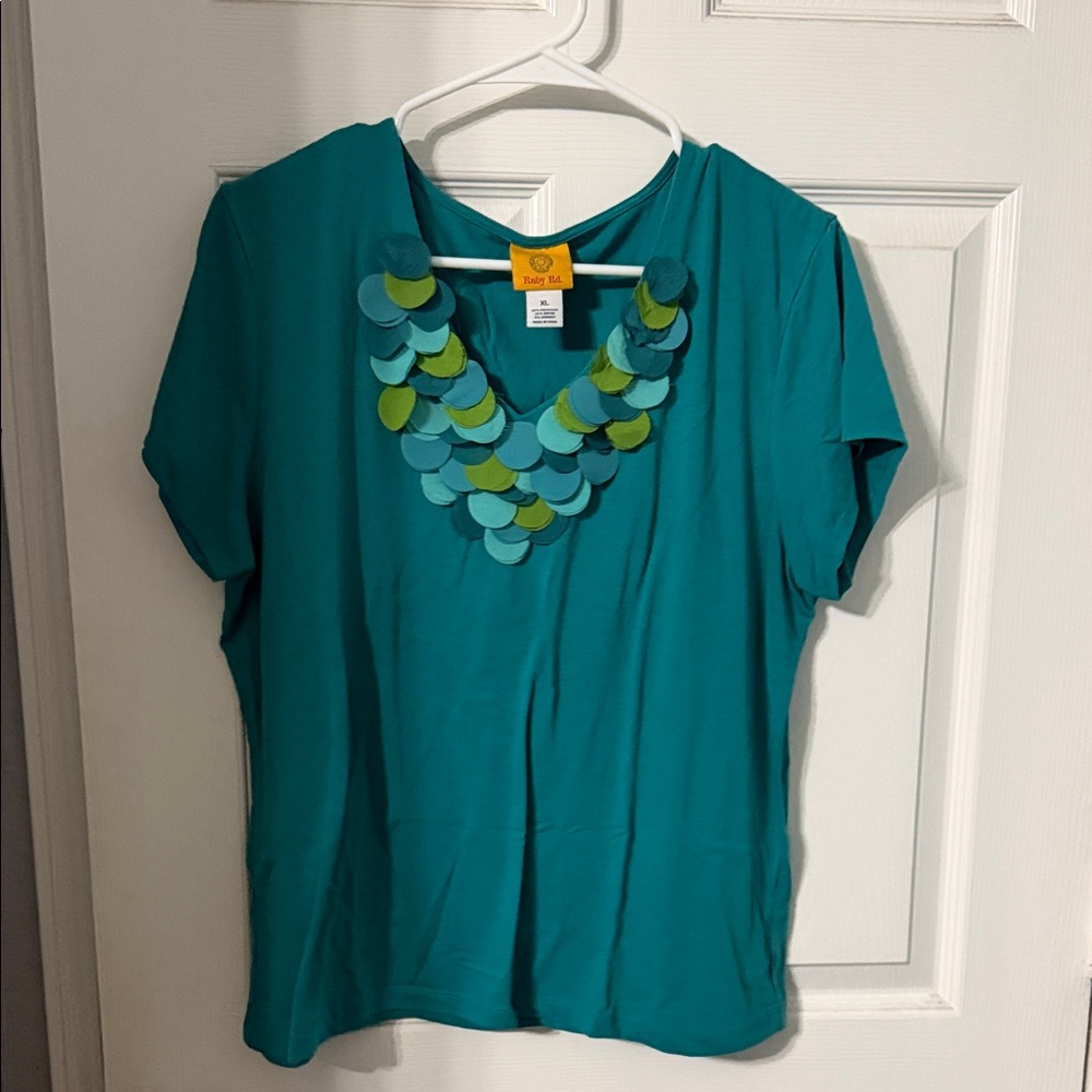 Ruby Rd. Teal Short-Sleeve Top with Layered Circle Neckline